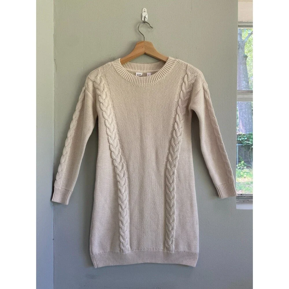Gap Cream Cable Knit Sweater Dress Girl's M Preppy Winter Snowy Holiday Cozy